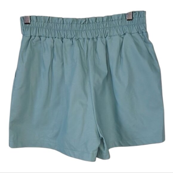 Luna Allegra High Waist Faux Leather Shorts Small Teal Blue Paperbag Tie Waist - Picture 11 of 11